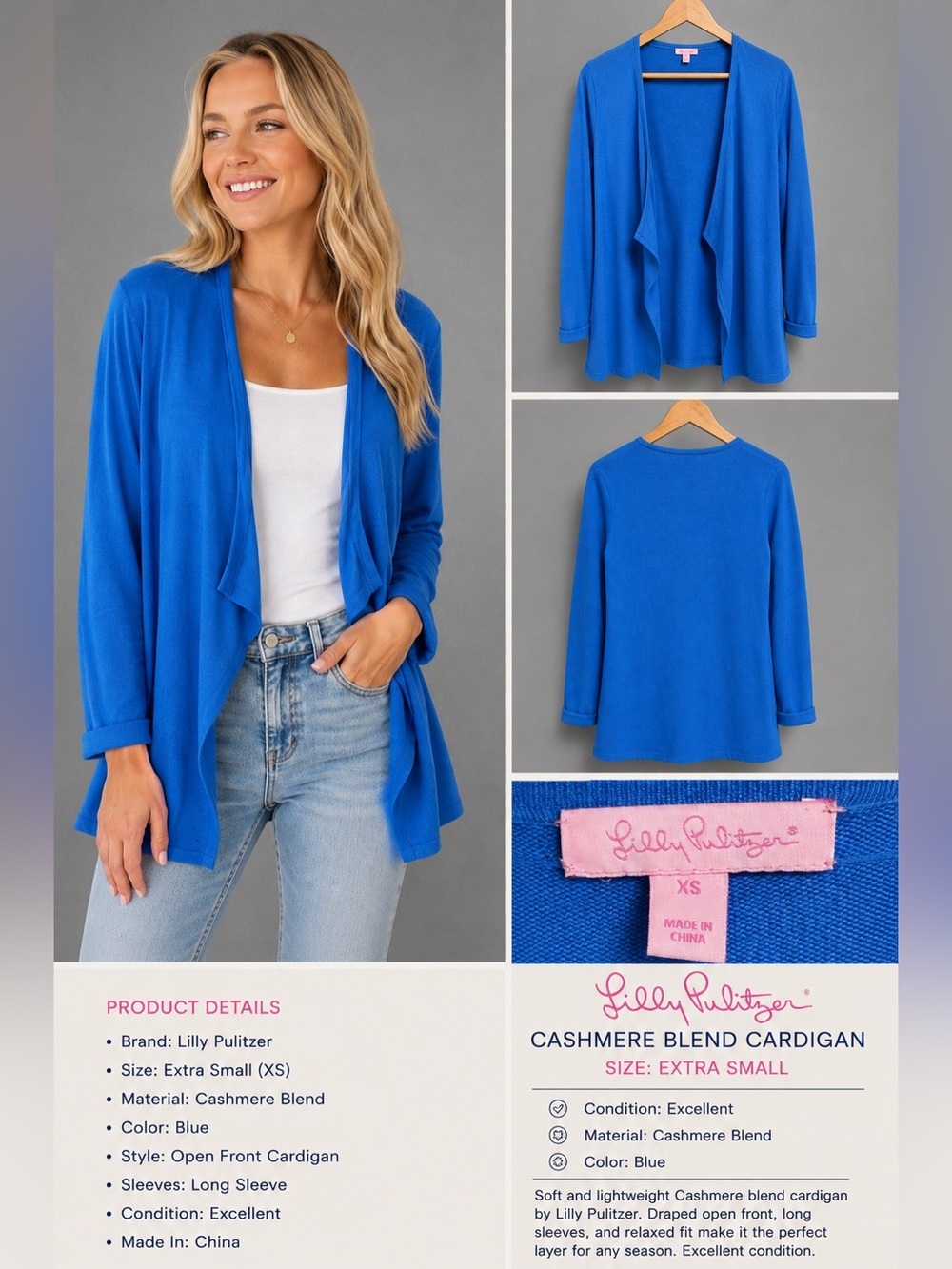 Lilly Pulitzer Periwinkle Blue Cashmere Blend Open Front Cardigan Sweater XS